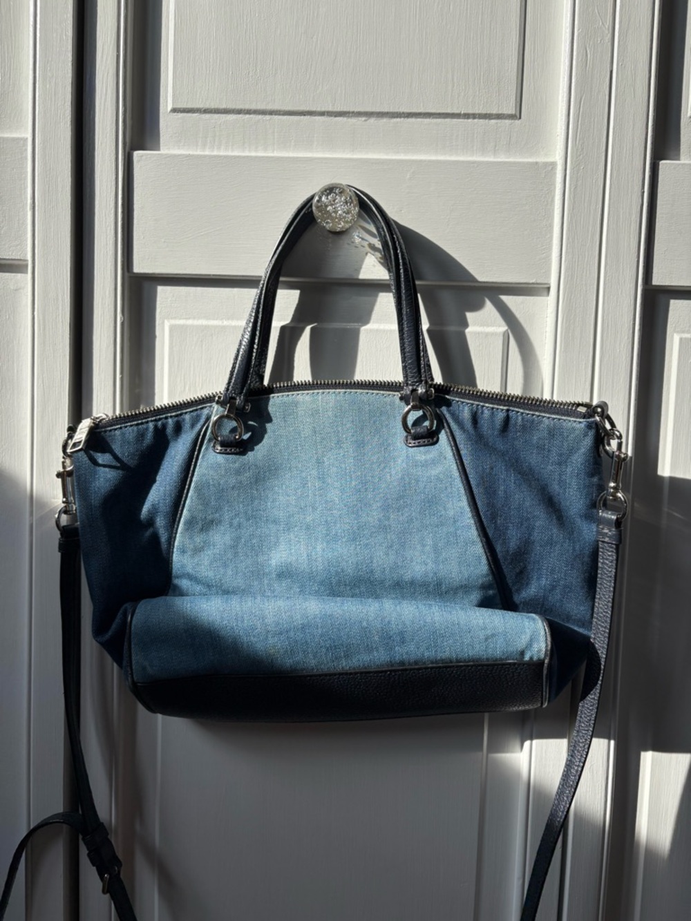 Coach Two-Tone Blue Denim Tote with Black Leather Trim - Picture 3 of 6